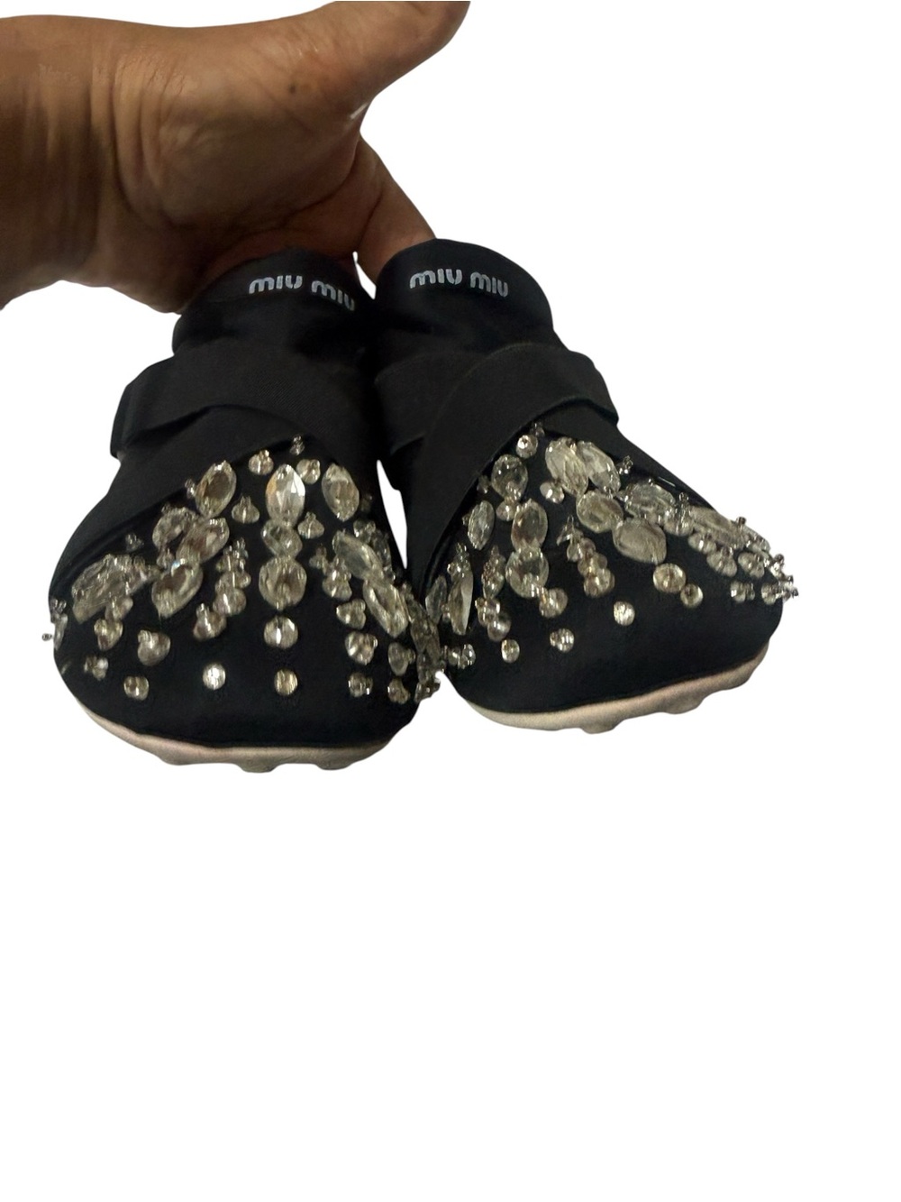 Black Crystal-Embellished Cross-Strap Slip-Ons - Picture 4 of 15